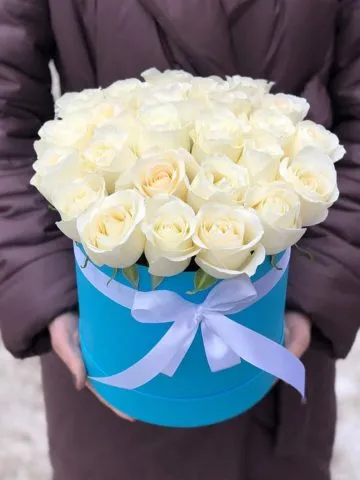 31 white roses in a box