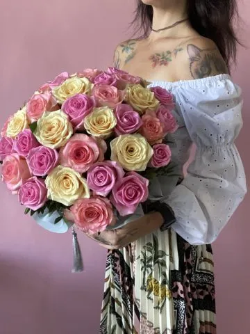 35 colorful roses in a box